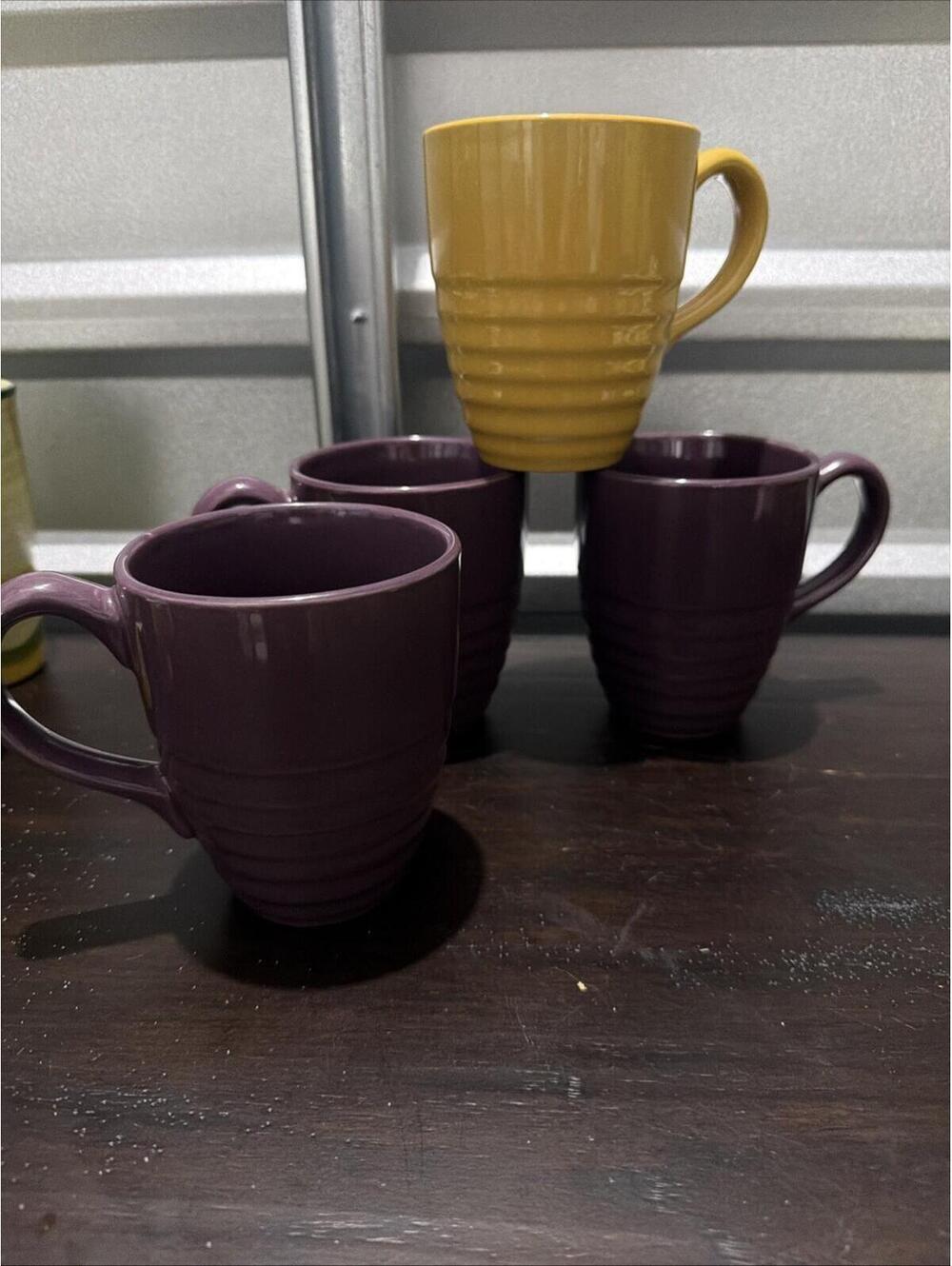 VTG 4 Pier 1  Coffee Mugs 1 Yellow 3 Grape Plum Ribbed Stone Ware Essentials *
